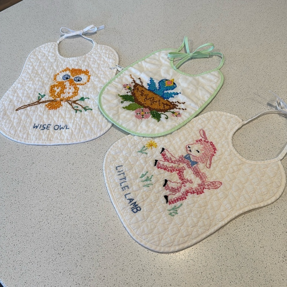 Vintage Cross Stitch Embroidered Baby Little Lamb Wise Owl baby blue bird set 3